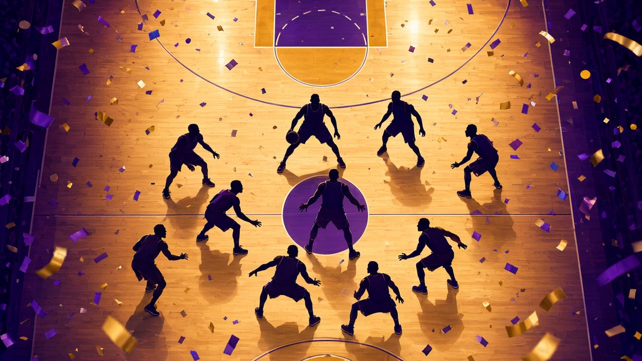 Arena de baloncesto iluminada con siluetas de jugadores, mejores jugadores de NBA 2K27