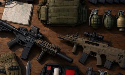 Equipo militar de mercenario sobre una mesa: rifles de asalto, blindaje, botiquín y cargadores