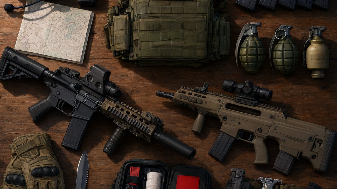 Equipo militar de mercenario sobre una mesa: rifles de asalto, blindaje, botiquín y cargadores