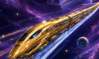 Tren espacial dorado entre nebulosas, ilustración de la tier list de Honkai Star Rail