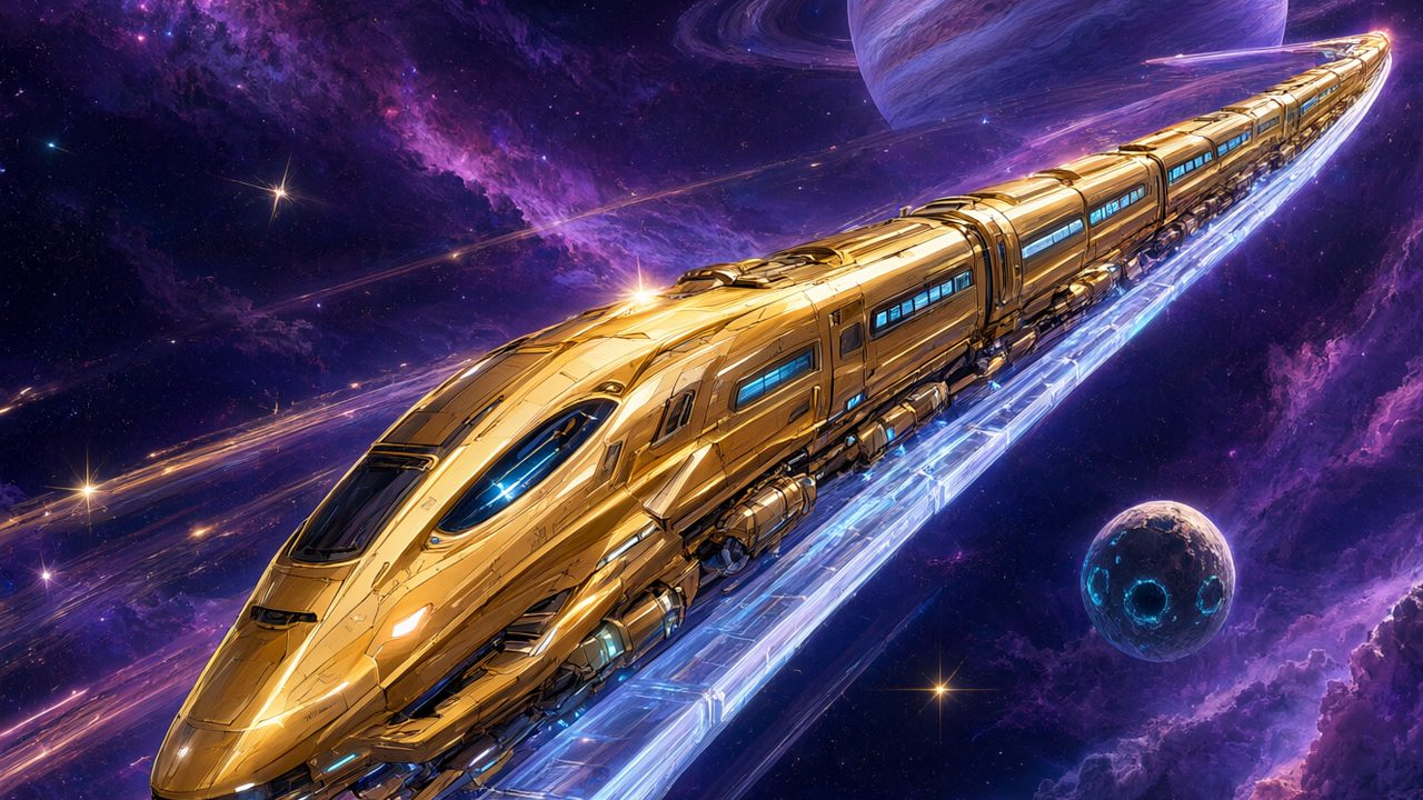 Tren espacial dorado entre nebulosas, ilustración de la tier list de Honkai Star Rail