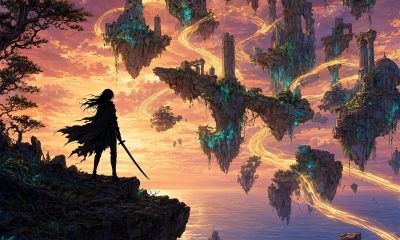 Esparadachina en un acantilado ante ruinas flotantes, ilustración de la tier list de Wuthering Waves