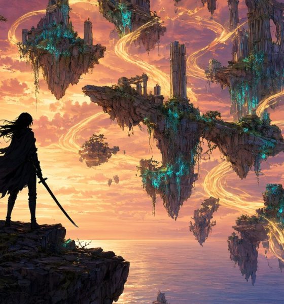 Esparadachina en un acantilado ante ruinas flotantes, ilustración de la tier list de Wuthering Waves