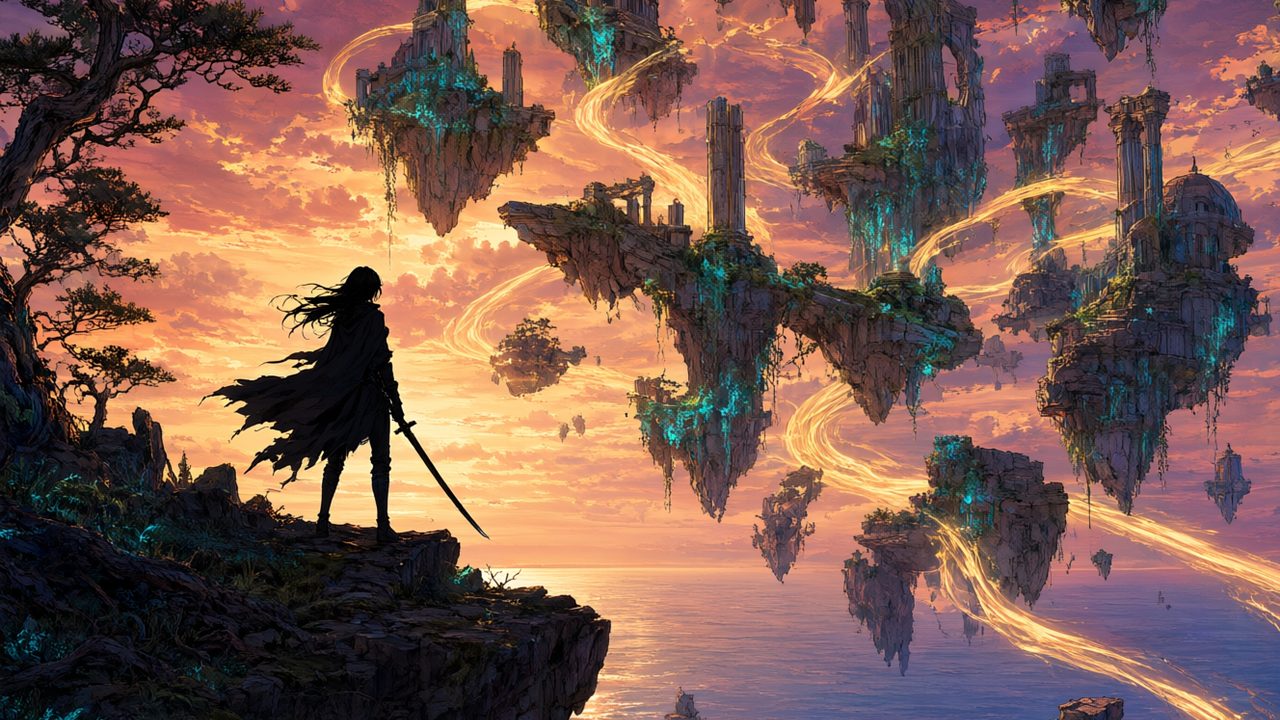 Esparadachina en un acantilado ante ruinas flotantes, ilustración de la tier list de Wuthering Waves
