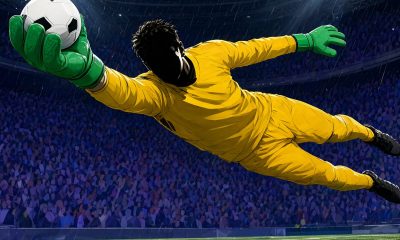 Portero en estirada espectacular deteniendo un balón en un estadio nocturno: los mejores porteros de EA Sports FC 27