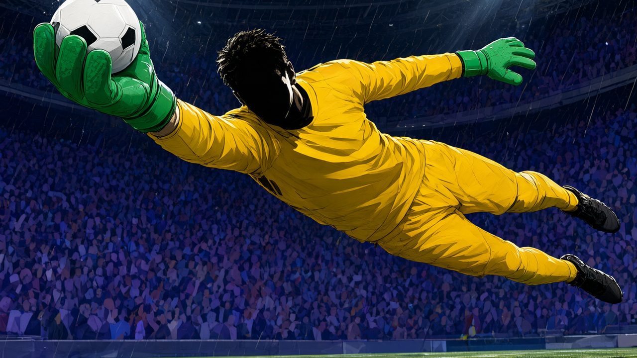 Portero en estirada espectacular deteniendo un balón en un estadio nocturno: los mejores porteros de EA Sports FC 27