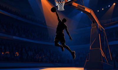 Joven jugador de baloncesto haciendo un mate en un pabellón nocturno, rookies de NBA 2K27