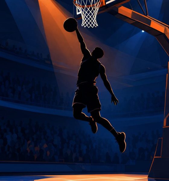 Joven jugador de baloncesto haciendo un mate en un pabellón nocturno, rookies de NBA 2K27