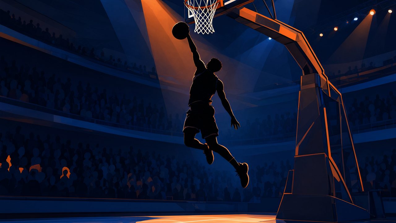Joven jugador de baloncesto haciendo un mate en un pabellón nocturno, rookies de NBA 2K27