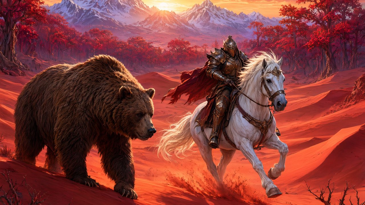 Monturas y mascotas de Crimson Desert: caballo legendario blanco en un desierto carmesí