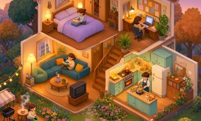 Casa de muñecas con habitaciones amuebladas y jardín, ilustración cozy de simulador de vida