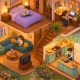 Casa de muñecas con habitaciones amuebladas y jardín, ilustración cozy de simulador de vida