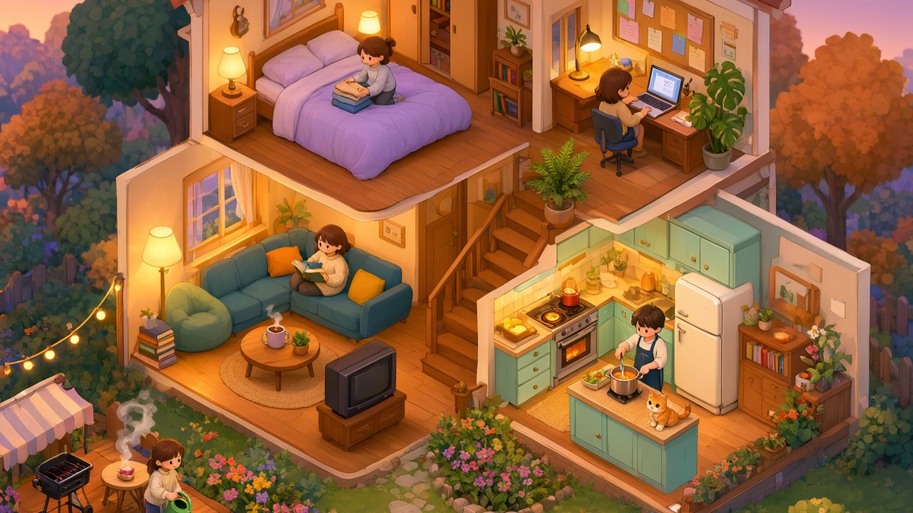 Casa de muñecas con habitaciones amuebladas y jardín, ilustración cozy de simulador de vida
