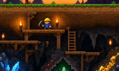 Mundo subterráneo 2D con cuevas, cristales y un aventurero con pico, ilustración sandbox