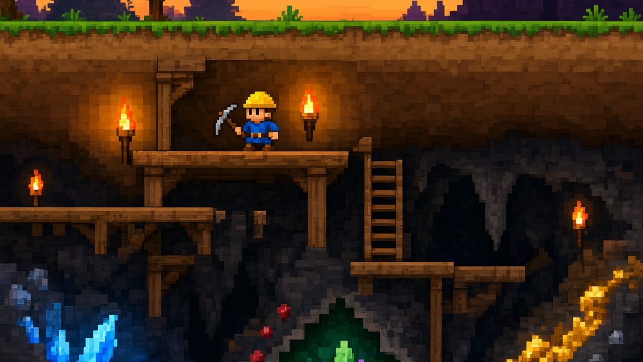 Mundo subterráneo 2D con cuevas, cristales y un aventurero con pico, ilustración sandbox