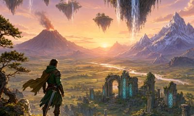 Aventurero en un acantilado contemplando llanuras, ruinas e islas flotantes al atardecer, ilustración de mundo abierto