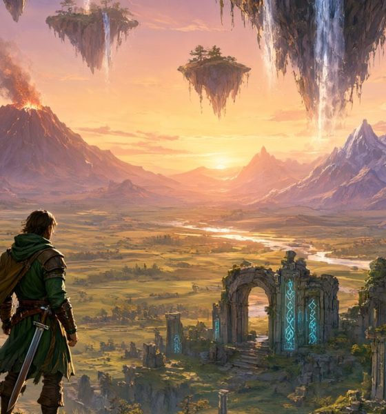 Aventurero en un acantilado contemplando llanuras, ruinas e islas flotantes al atardecer, ilustración de mundo abierto