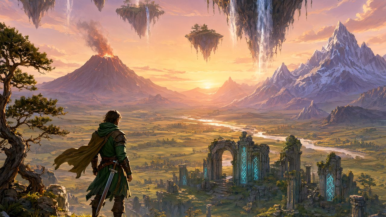 Aventurero en un acantilado contemplando llanuras, ruinas e islas flotantes al atardecer, ilustración de mundo abierto