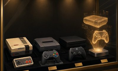 Vitrina de museo con mandos y consolas de videojuegos de distintas épocas