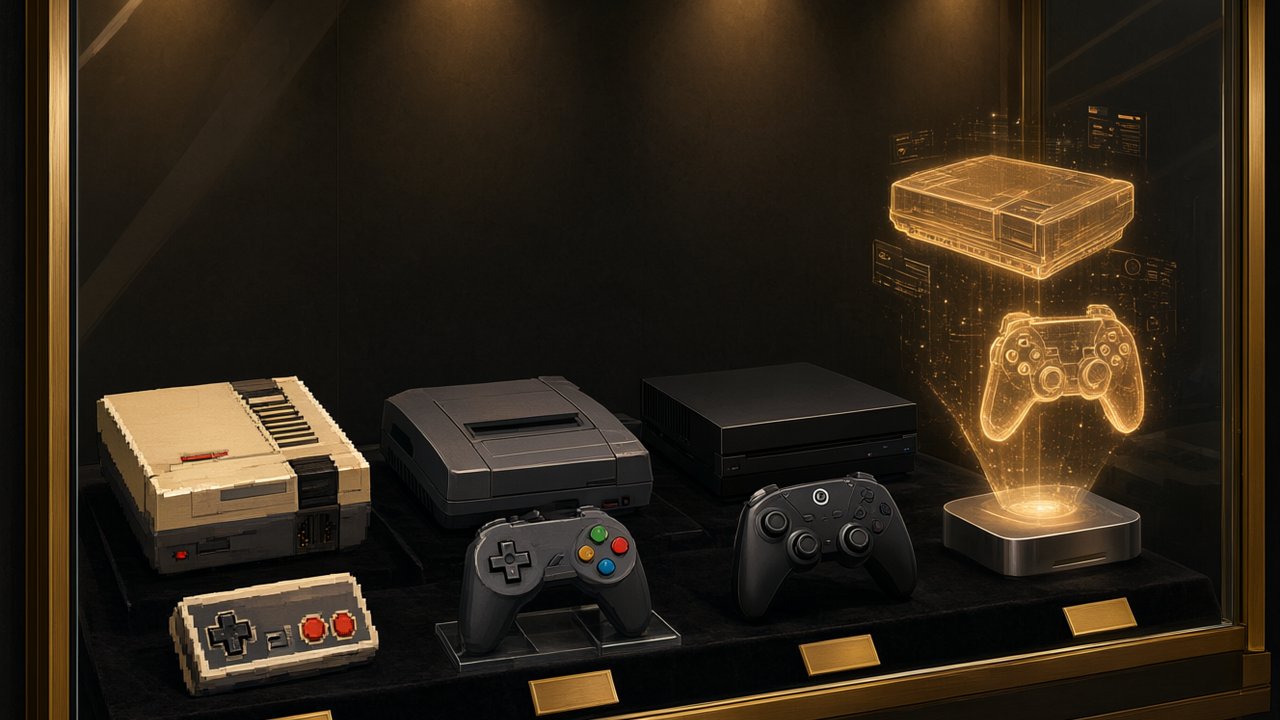 Vitrina de museo con mandos y consolas de videojuegos de distintas épocas