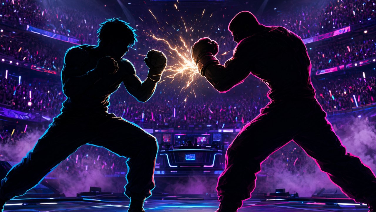 Arena de torneo de juego de lucha con dos luchadores silueteados bajo focos
