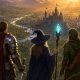 Grupo de aventureros de rol contemplando un reino de fantasía al atardecer