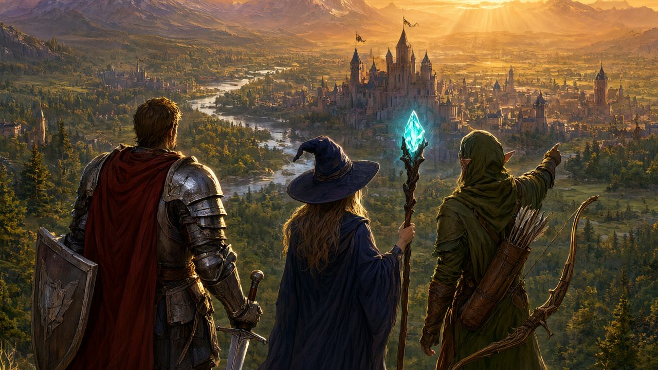 Grupo de aventureros de rol contemplando un reino de fantasía al atardecer