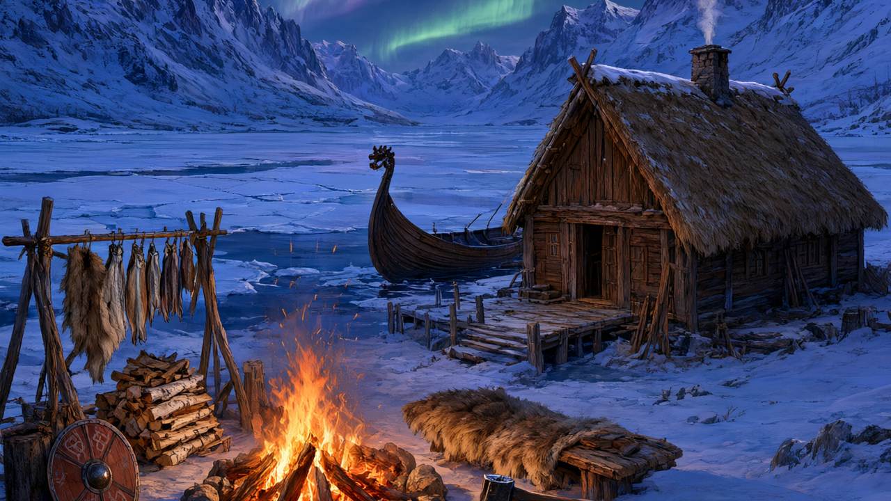Campamento vikingo de supervivencia al anochecer junto a un fiordo helado