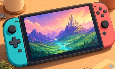 Consola portátil híbrida con pantalla mostrando un paisaje de fantasía