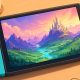 Consola portátil híbrida con pantalla mostrando un paisaje de fantasía