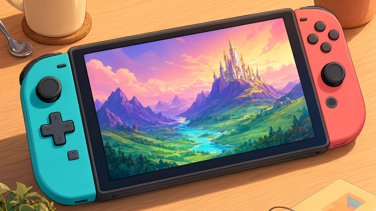 Consola portátil híbrida con pantalla mostrando un paisaje de fantasía