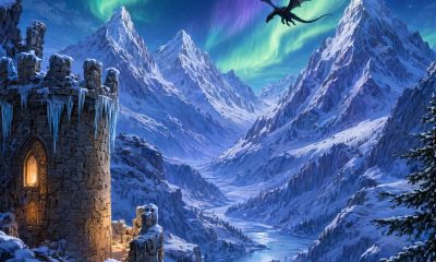 Paisaje de fantasía con montañas nevadas, torres de piedra y auroras boreales sobre Tamriel