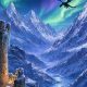 Paisaje de fantasía con montañas nevadas, torres de piedra y auroras boreales sobre Tamriel
