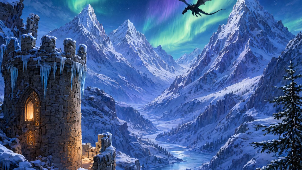 Paisaje de fantasía con montañas nevadas, torres de piedra y auroras boreales sobre Tamriel