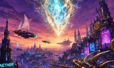 Cristal gigante flotando sobre una ciudad futurista con naves voladoras al atardecer