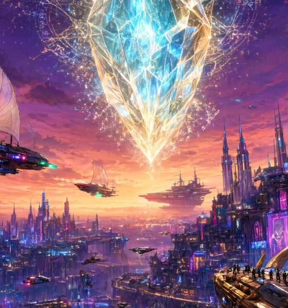 Cristal gigante flotando sobre una ciudad futurista con naves voladoras al atardecer