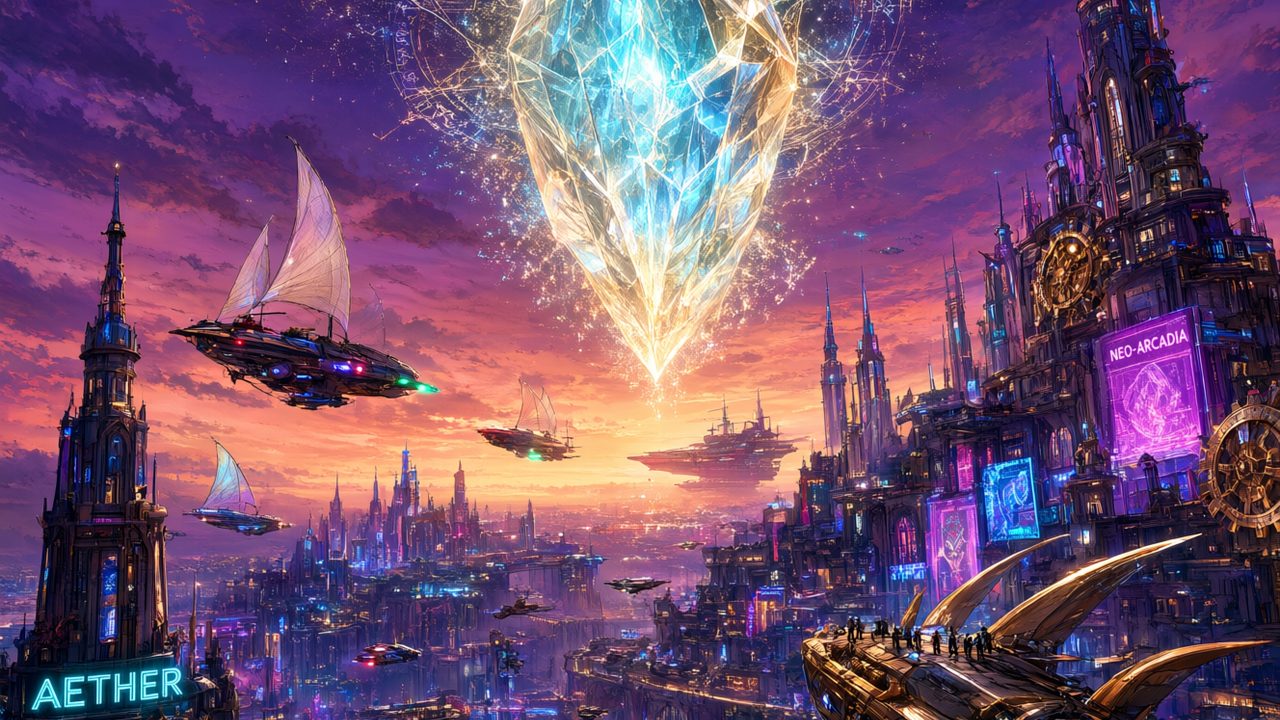 Cristal gigante flotando sobre una ciudad futurista con naves voladoras al atardecer