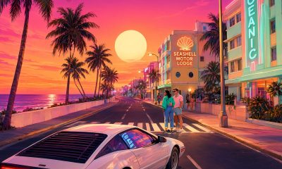 Ciudad costera estilo Miami años 80 al atardecer con palmeras, coches retro y cielo neón