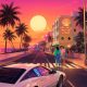 Ciudad costera estilo Miami años 80 al atardecer con palmeras, coches retro y cielo neón