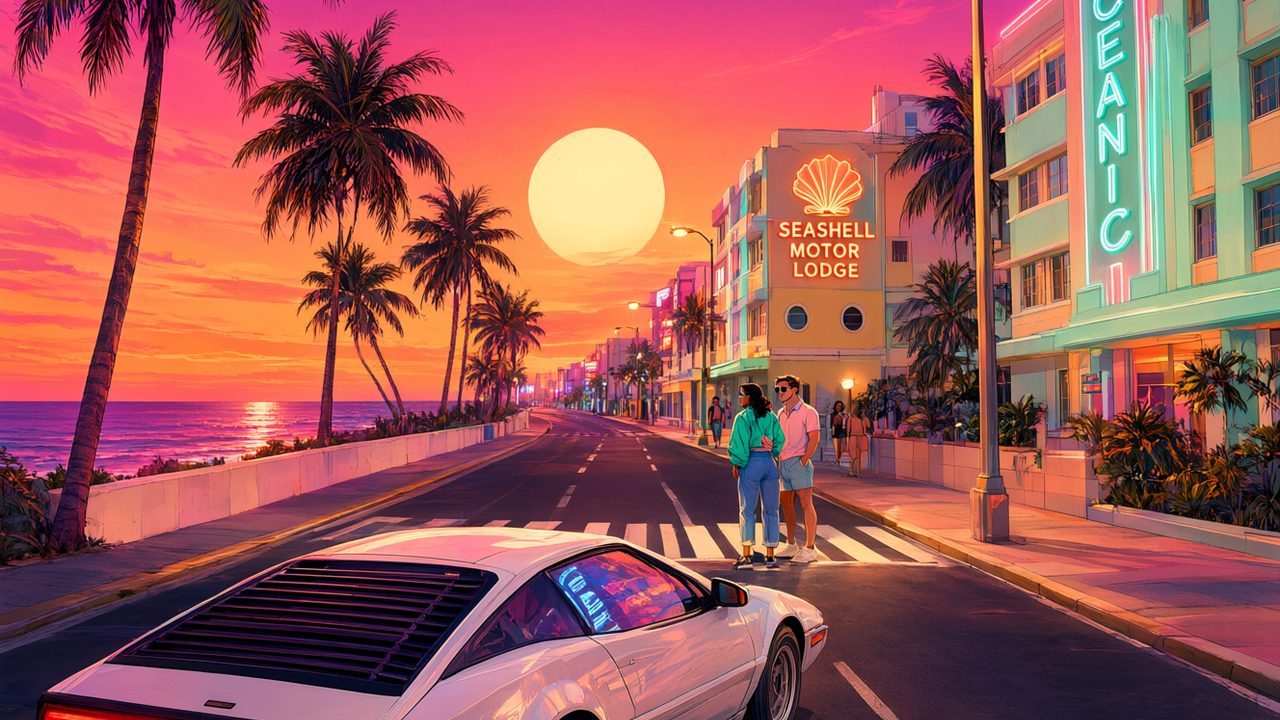 Ciudad costera estilo Miami años 80 al atardecer con palmeras, coches retro y cielo neón